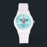 Keep Calm Love Gymnastics Cute Custom Gymnast Watch<br><div class="desc">Funny Keep Calm and Love Gymnastics watch for a gymnastics coach to gift to her girls on her competitive team before a tumbling competition. A cute gymnast wristwatch present.</div>