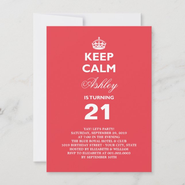 Keep Calm Red Funny Milestone 21st Birthday Party Invitation (Front)