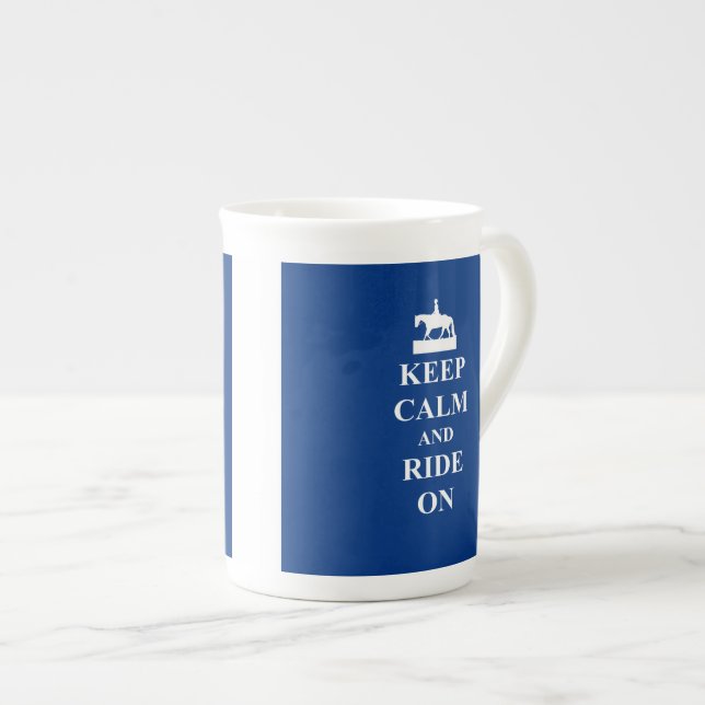 Keep calm & ride on (blue) bone china mug (Front Right)