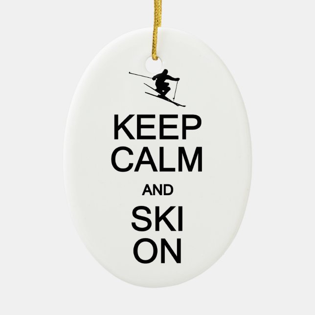 Keep Calm & Ski On ornament, customise Ceramic Tree Decoration (Front)