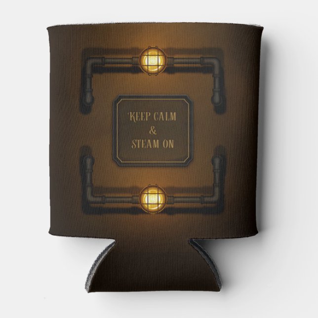 "Keep Calm & Steam On" Machine Age Steampunk Can Cooler (Front)