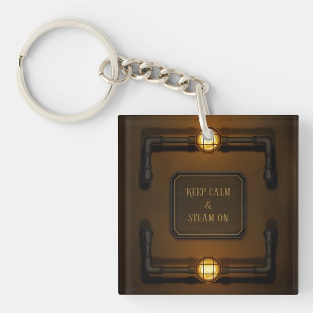 "Keep Calm & Steam On" Machine Age Steampunk Key Ring (Front)