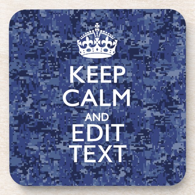 Keep Calm Your Text on Blue Digital Camouflage Coaster (Front)