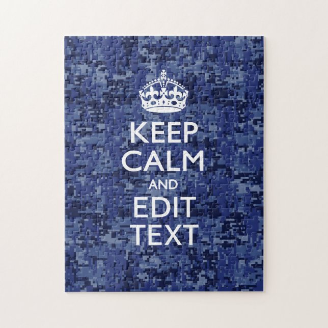 Keep Calm Your Text on Blue Digital Camouflage Jigsaw Puzzle (Vertical)