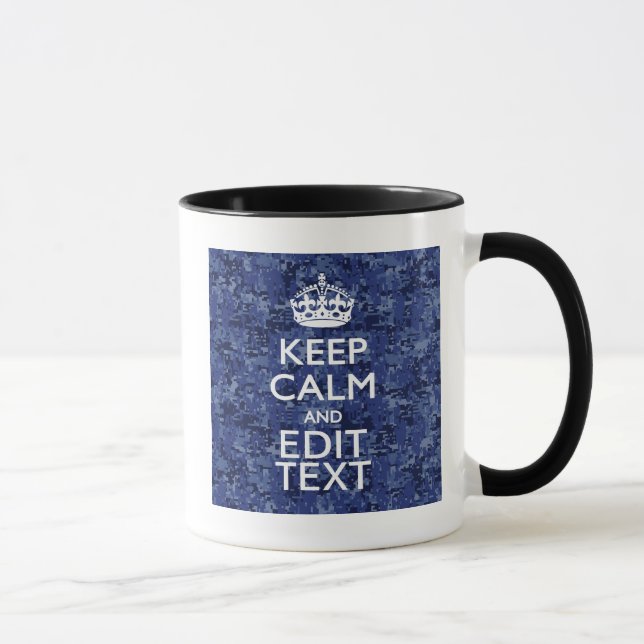 Keep Calm Your Text on Blue Digital Camouflage Mug (Right)