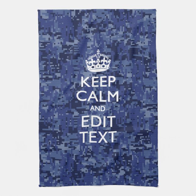 Keep Calm Your Text on Blue Digital Camouflage Tea Towel (Vertical)