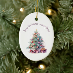 Keep Christmas in your Heart Custom Text Tree Oval Ceramic Ornament