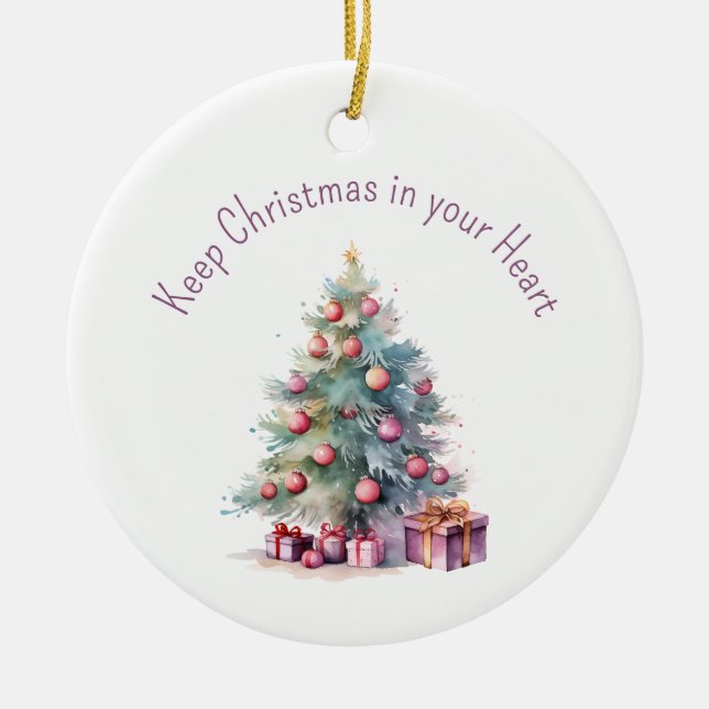 Keep Christmas in your Heart Editable Text Tree Ceramic Ornament (Front)