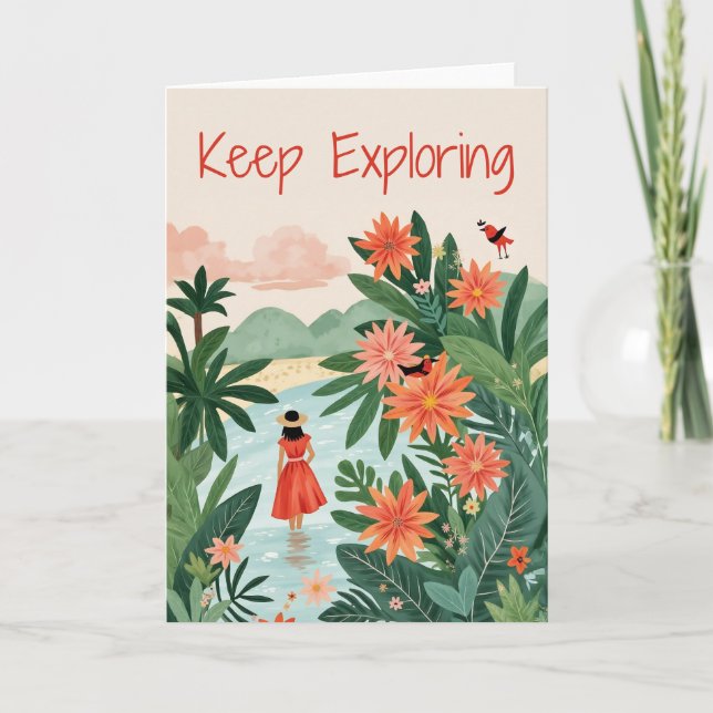 Keep Exploring Tropical Woman Painting Holiday Card (Front)