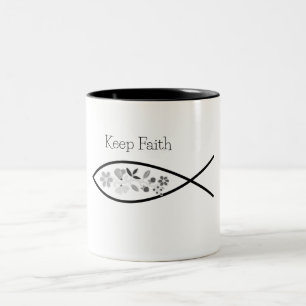 Keep Faith Fish Logo with FLowers Christian  Two-Tone Coffee Mug