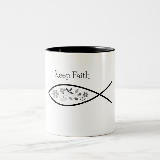 Keep Faith Fish Logo with FLowers Christian  Two-Tone Coffee Mug (Center)