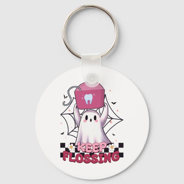 Keep Flossing Ghost Groovy Dental Hygiene Hallowee Key Ring (Front)