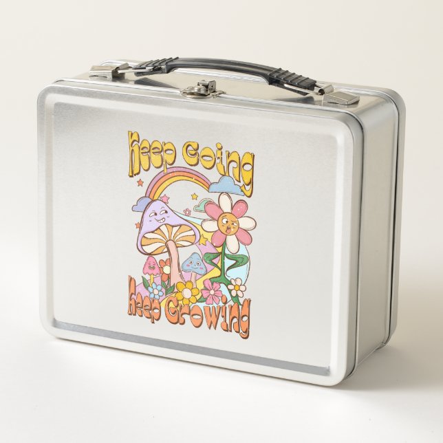 Keep Going, Keep Growing | Mushroom & Floral Metal Lunch Box (Front)