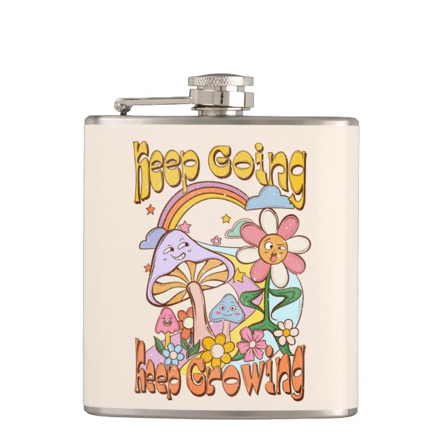 Keep Going, Keep Growing – Mushrooms & Flowers Hip Flask (Front)