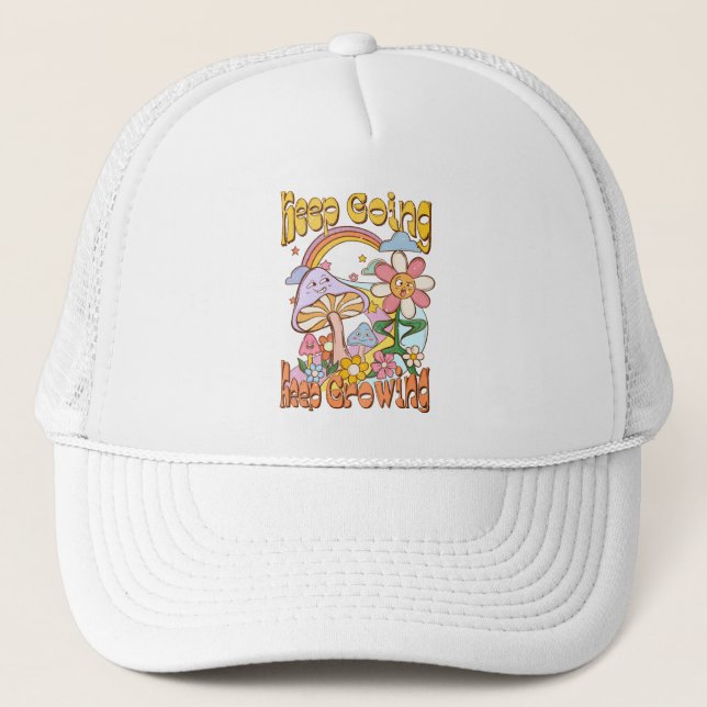Keep Going, Keep Growing – Mushrooms & Flowers Trucker Hat (Front)