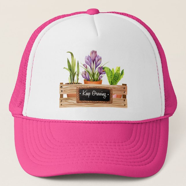 Keep growing chalkboard sign plant flower box  trucker hat (Front)