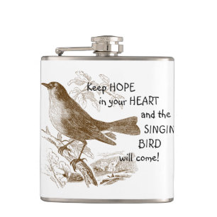 Keep Hope in Your Heart Singing Bird on Branch Hip Flask