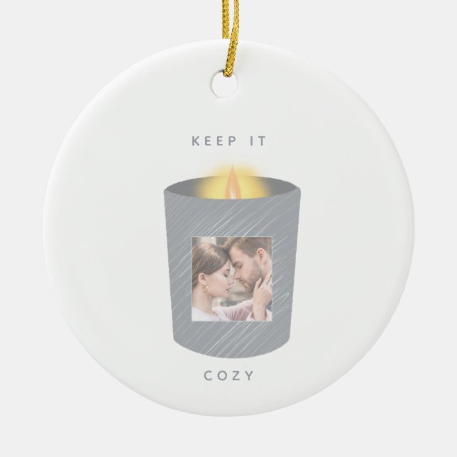 Keep it Cosy Illustrated Candle Photo Christmas Ceramic Ornament (Front)
