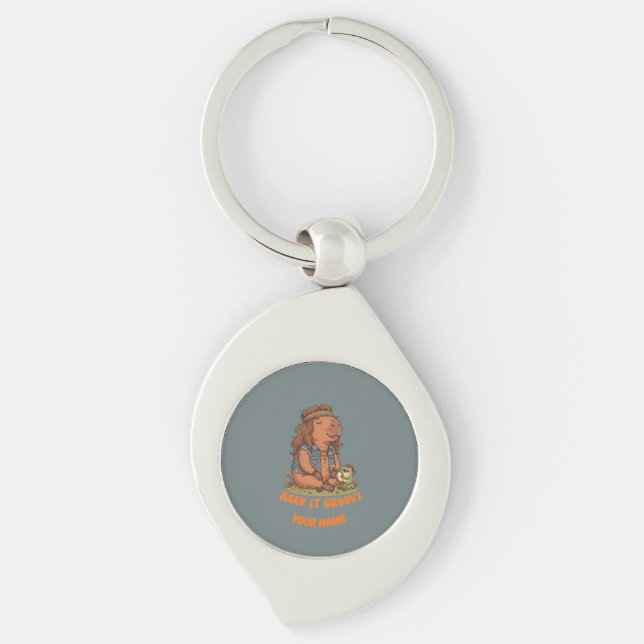 Keep It Groovy Capybara Cute Retro Custom Key Ring (Front)