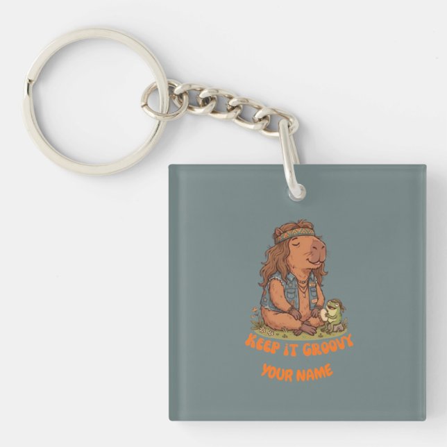 Keep It Groovy Capybara Cute Retro Custom Key Ring (Front)