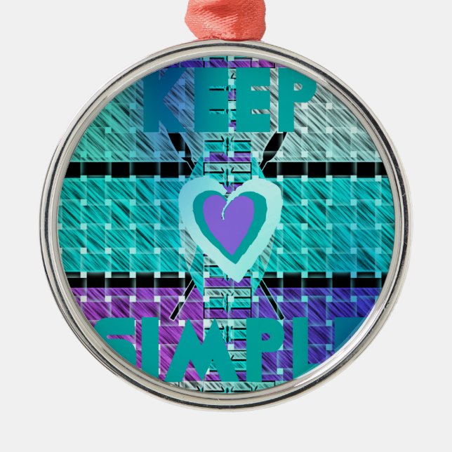 Keep It Simple: Cyan Heart & Clarity Pattern Art Metal Ornament (Front)