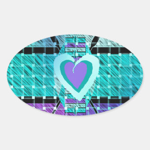 Keep It Simple: Cyan Heart & Clarity Pattern Art Oval Sticker