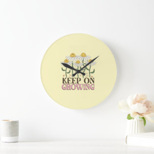 Keep On Growing Positive Quotes Retro Flowers Large Clock