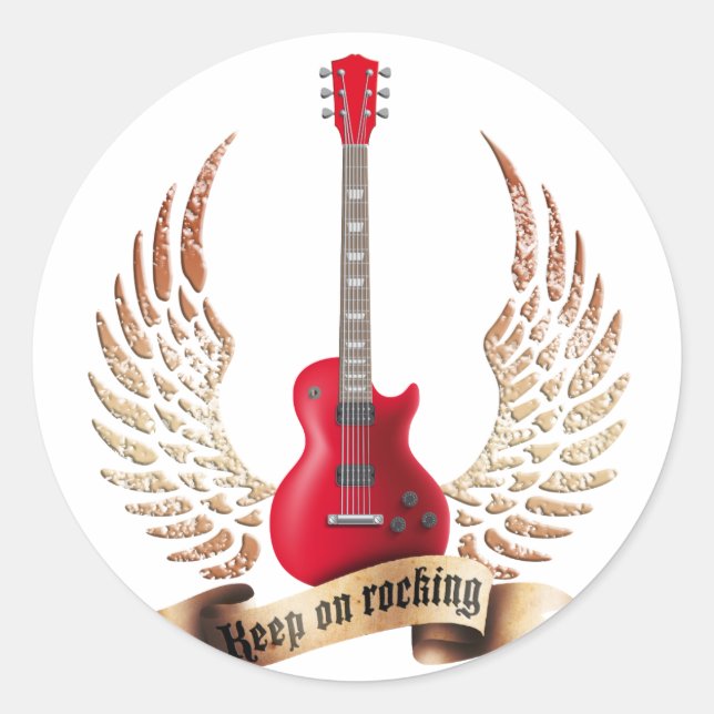 keep on rocking electric guitar wings classic round sticker (Front)