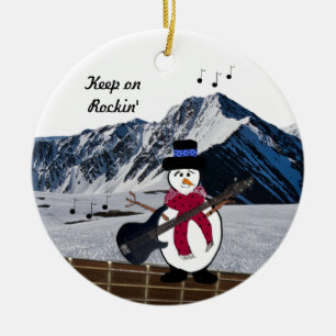 Keep on Rocking Snowman Guitar Ceramic Ornament