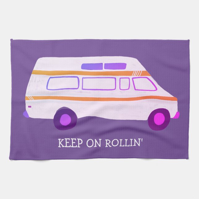 KEEP ON ROLLIN Retro Campervan Motorhome RV Purple Tea Towel (Horizontal)