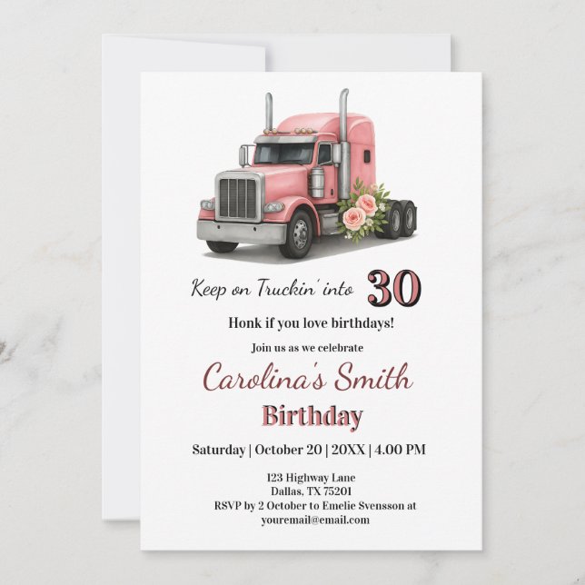 Keep on Truckin’  Birthday Female Truck Driver Invitation (Front)