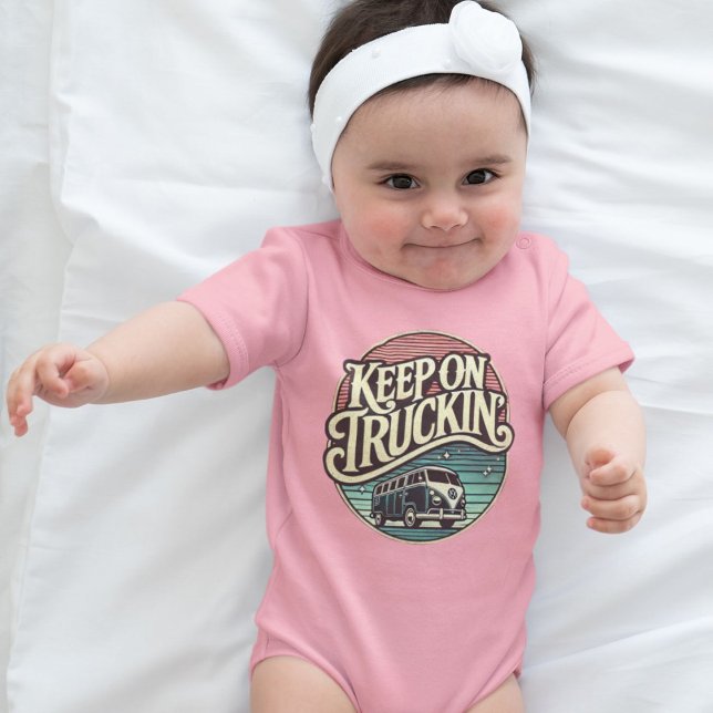 Keep On Truckin’ Retro 60s Personalised Pink  Baby Bodysuit (Keep on Truckin cool baby one piece with 60's vibe. great baby shower gift for groovy new parents)