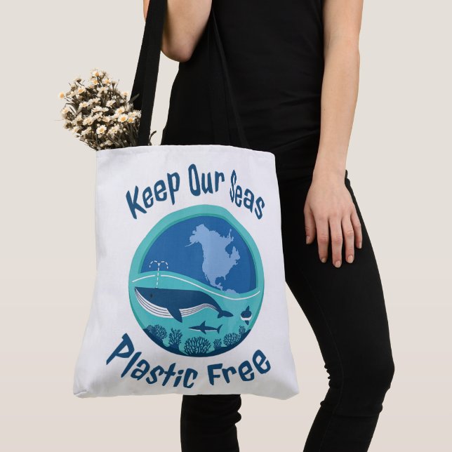 Keep Our Seas Plastic Free - Large Tote Bag (Close Up)