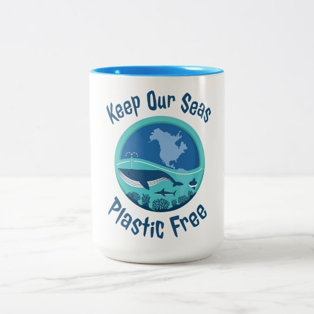Keep Our Seas Plastic Free  Two-Tone Coffee Mug (Center)