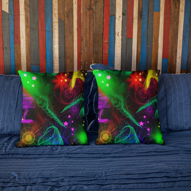 Keep Sake Neon Paint Splatter Swirls Stars  Cushion (Creator Uploaded)