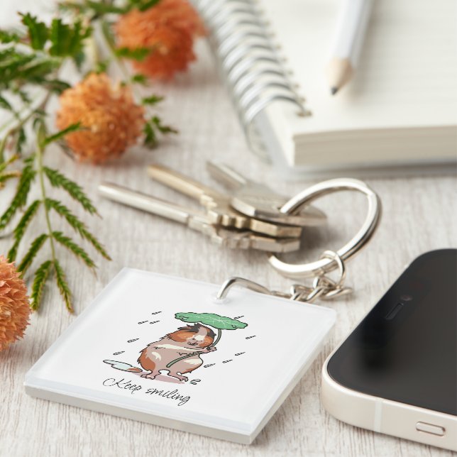 Keep Smiling Happy Guinea Pig Enjoying The Rain Key Ring (Front Right)
