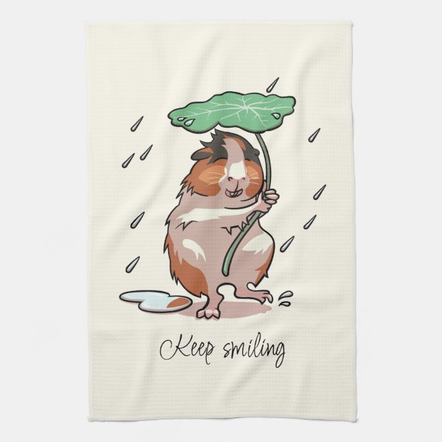 Keep Smiling Happy Guinea Pig Enjoying The Rain Tea Towel (Vertical)