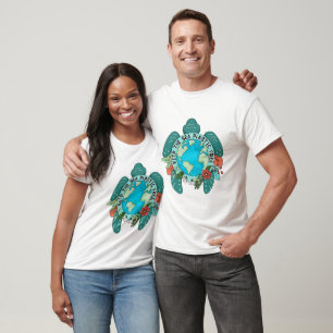Keep The Sea Plastic Free Turtle and Earth Floral T-Shirt