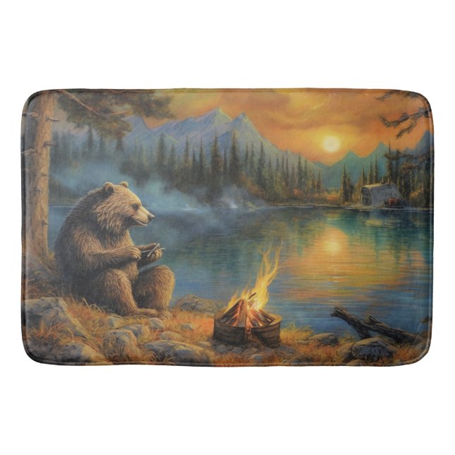 Keeper of the Autumn Flame | Grizzly Bear Campfire Bath Mat (Front)