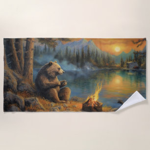 Keeper of the Autumn Flame Grizzly Bear Campfire Beach Towel