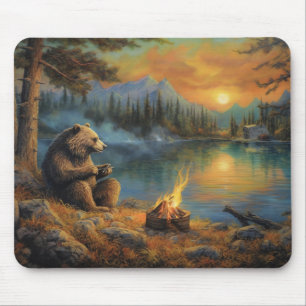 Keeper of the Autumn Flame Grizzly Bear Campfire Mouse Pad