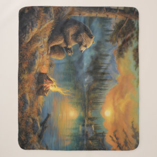 Keeper of the Autumn Flame Grizzly Bear Campfire Sherpa Blanket