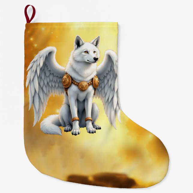Keeper of the Dawn – The White Winged Wolf.  Large Christmas Stocking (Front)
