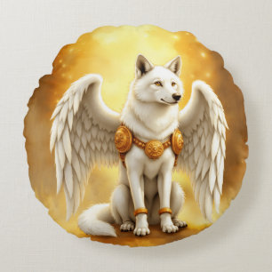 Keeper of the Dawn – The White Winged Wolf.  Round Cushion