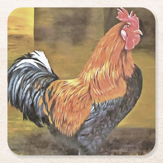 Keeping Chickens Farmyard Rooster Art  Square Paper Coaster (Front)