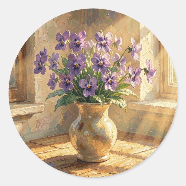 Keeping in Touch | Purple Violets Classic Round Sticker (Front)