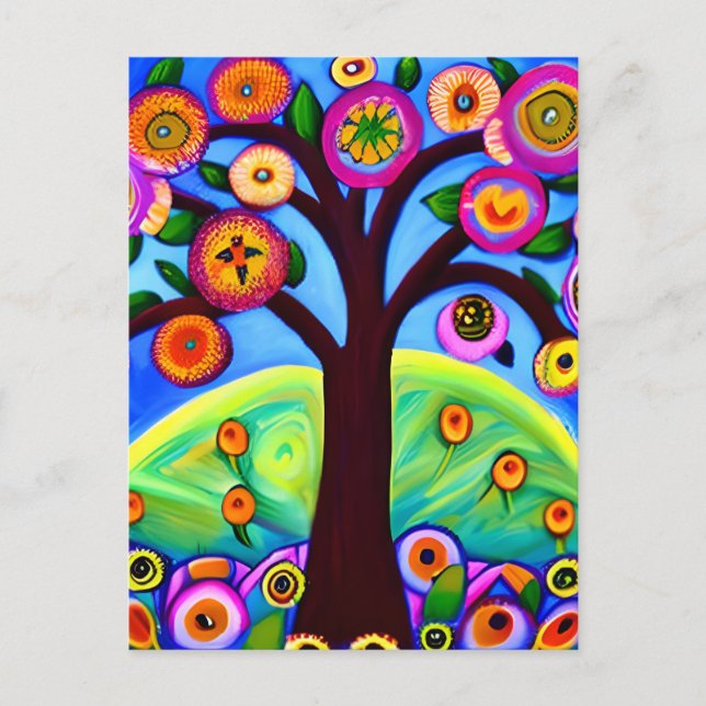 Keeping in Touch | Whimsical Tree Folk Art Postcard (Front)