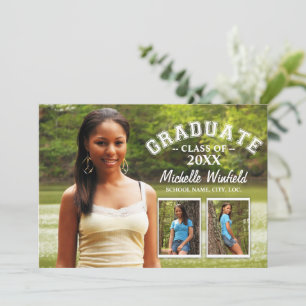 Keepsake 3 Photo Modern Text Overlay Graduation Invitation