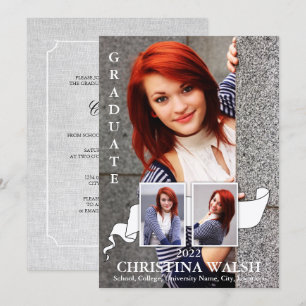 Keepsake 3 Photo White Ribbon Graduation Invitation