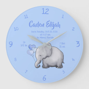 Keepsake Baby Boy Birth Stat Elephant Nursery Large Clock